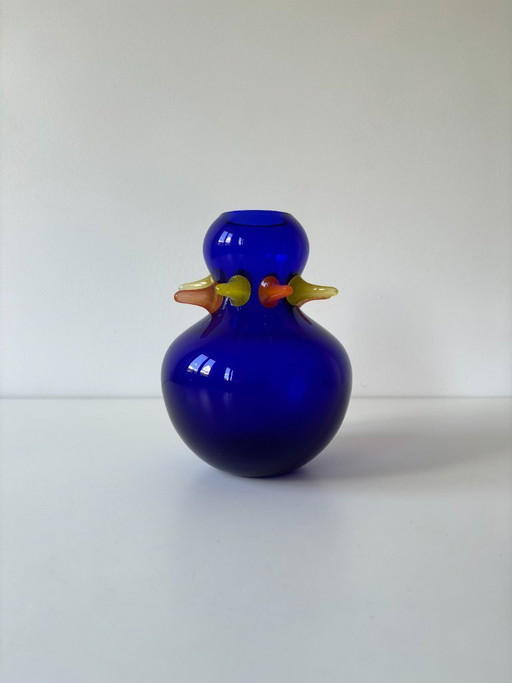 Art vase in blown glass by Jiří Šuhájek – Cobalt blue with amber accents