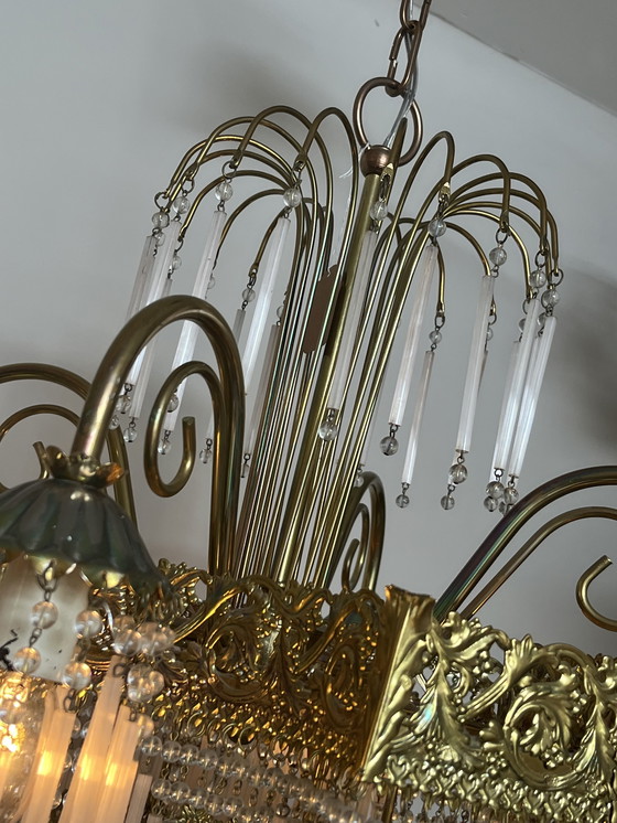 Image 1 of Vintage xl pink opaline rod chandelier pendant lamp art deco style