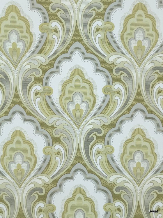 Image 1 of Papier peint baroque classique 14302, vert olive avec accents dorés