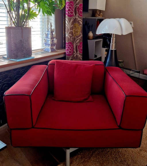 Sillón giratorio Cassina Reef rojo con ribetes de cuero. – fauteuils, Leather