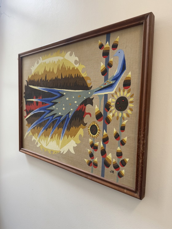 Image 1 of Tableau peinture oiseau bleu années 60