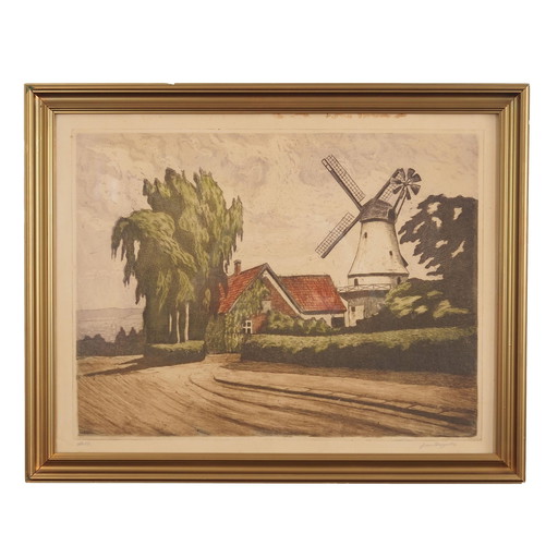 Peinture "Le moulin à vent", design scandinave, années 1970