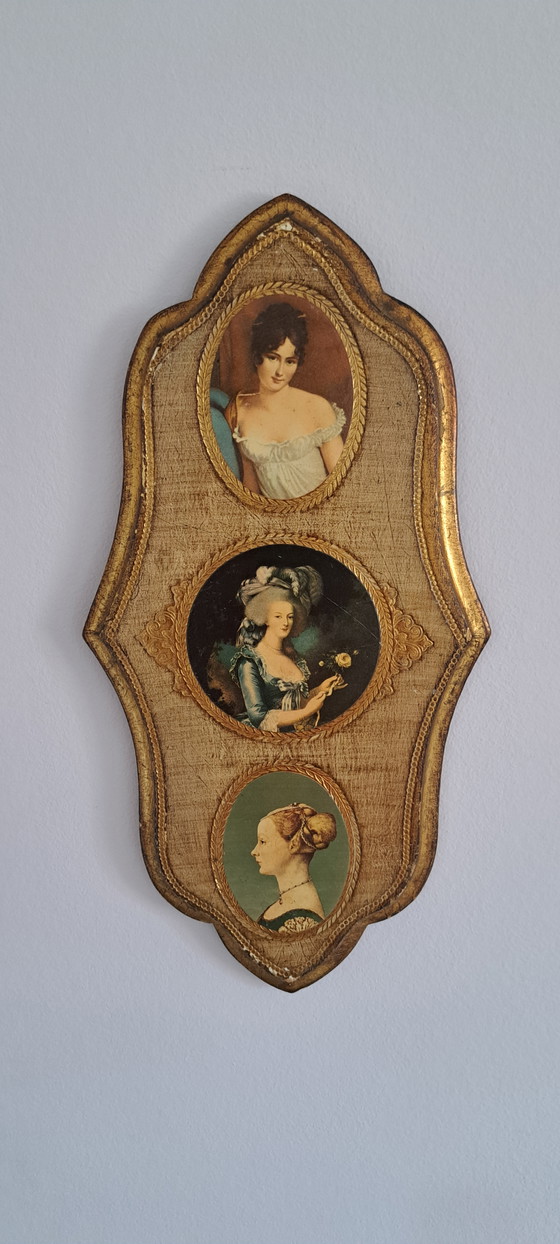 Image 1 of Vintage Italian Florentine Wall Plaque – Gilt Wood – Three Classical Portraits – Hollywood Regency