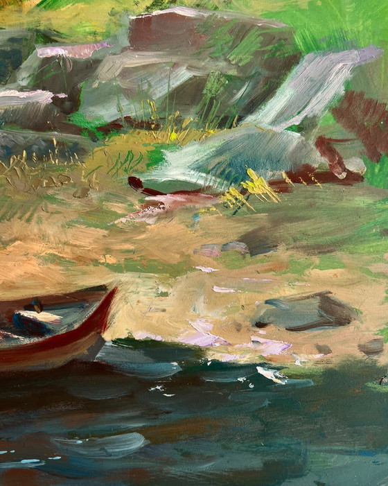 Image 1 of Original Oil Painting Summer Coastal Landscape The river carries village dreams