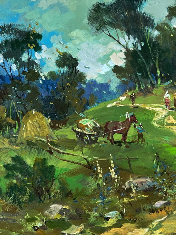 Image 1 of Pintura al óleo original: Paisaje rural, vida en un pueblo, día de verano en el bosque.