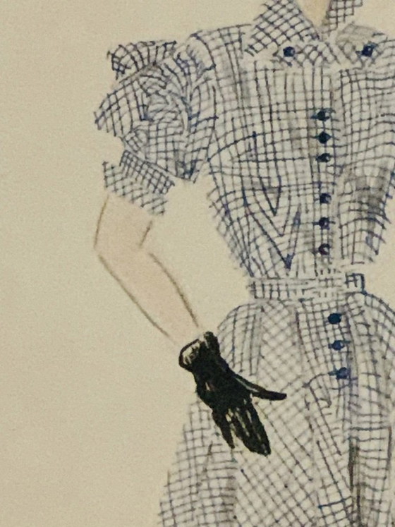 Image 1 of Mid-Century, Signed, Framed, “Robe Ecossaise” Pencil Sketch on Paper by Berthe Duquaine, 1950's