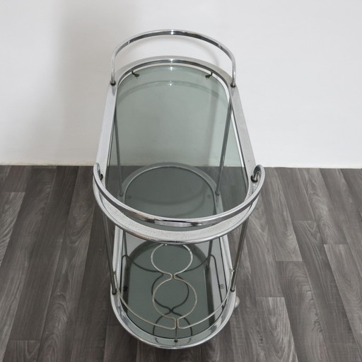 Carrello Portavivande In Acciaio Doppio Ripiano Cristallo Fumè Design Anni 70 