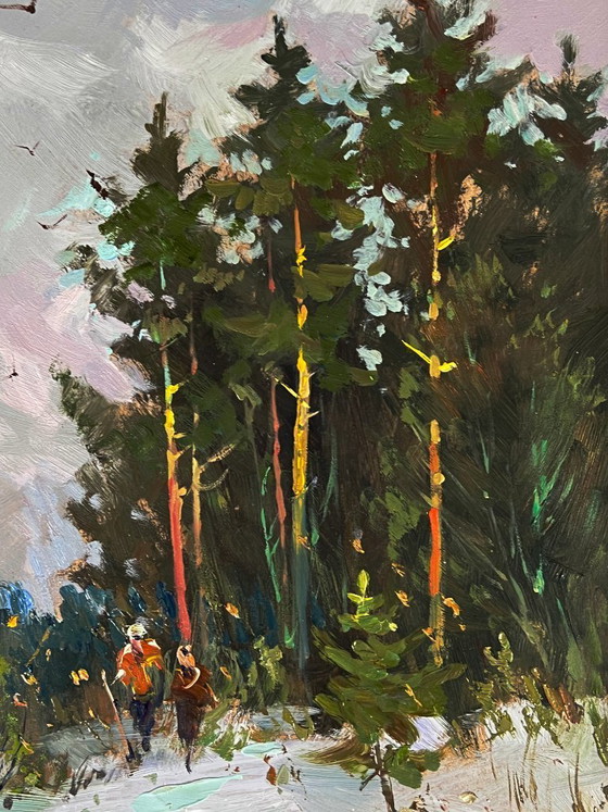 Image 1 of Peinture à l'huile originale, paysage naturel, pins enneigés, promenade dans la forêt hivernale