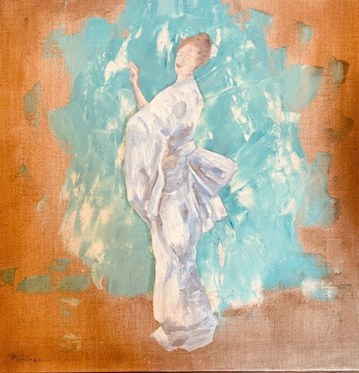 Signed oil painting on canvas, female portrait "Geisha Blues"