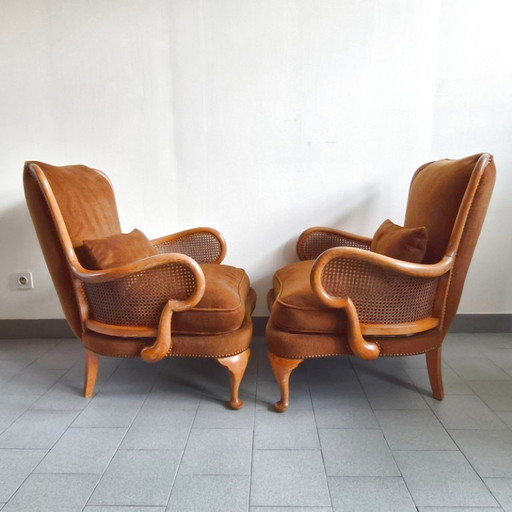 COPPIA DI POLTRONE BERGERE VINTAGE DEI PRIMI DEL XX SECOLO IN RATTAN E LEGNO, SUPERBAMENTE CURVE