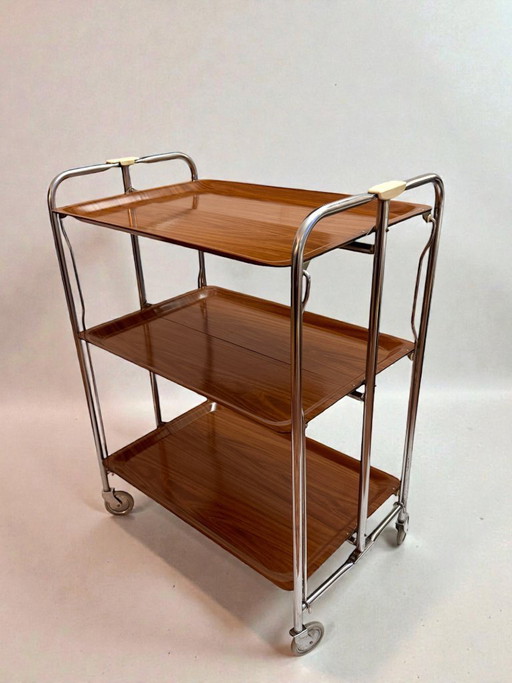 Raro carrello bar pieghevole a 3 livelli Bremshey Gerlinol Dinett – Germania anni '70