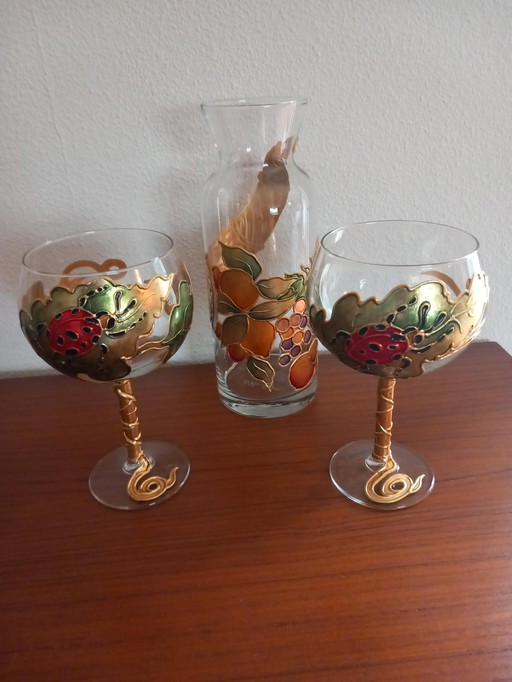 Italian Hand Painted Carafe With 2 Wine Glasses