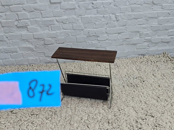 Image 1 of    	 Minimalistic Mid-Century Teak Magazine Table with Metal Frame and Leatherette Sling, 1960s