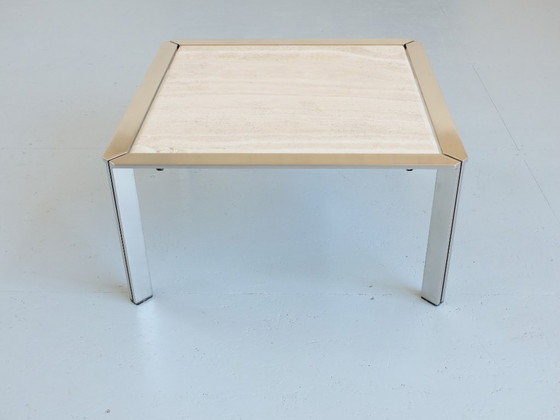 Image 1 of 1 Tavolino, acciaio inossidabile e pietra di travertino, Artelano France, anni '80.