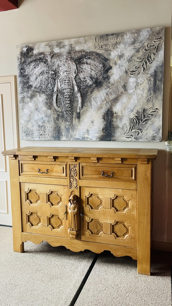 Brutalist Set, Solid Oak Sideboard, Cabinet, Dining Table, 6 Chairs, Hand Carved Priest Mission Style (photo 9 of 15)