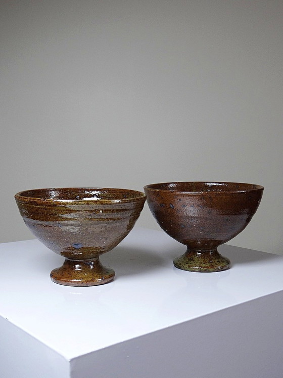 Image 1 of Pair of vintage pyrity stoneware footed bowls in the Baudat La Borne style from the 60s and 70s