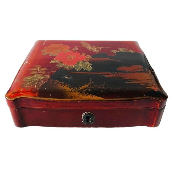 Image 1 of Antique Japanese burgundy red lacquer box, hand-painted with flowers and birds, 1920s