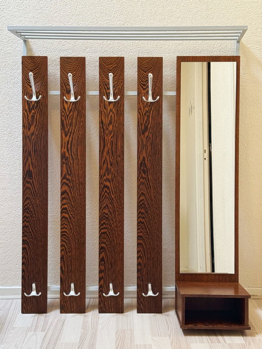 Vintage Retro Houten Kapstok met 24 Haken, Spiegel en Opbergruimte