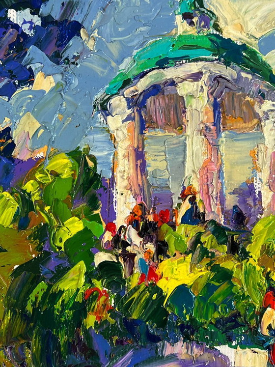 Image 1 of Peinture à l'huile originale représentant un paysage urbain estival dans un parc municipal