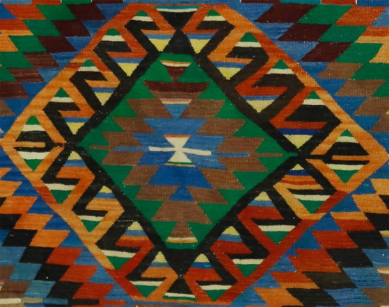 Groot vintage Anatolisch kilimkleed – Kleurrijk geometrisch handgeweven wollen platgeweven tapijt 308 x 164 (photo 3 of 10)