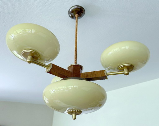 Art Deco Pendant Lamp in  Wood & Glass