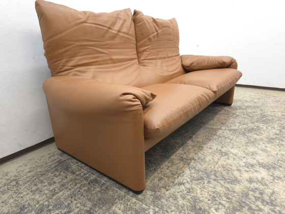 Image 1 of Canapé Cassina Maralunga avec pouf, canapé en cuir, pouf en cuir, cognac