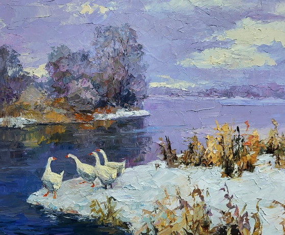 Image 1 of Geese On A Pond In Winter