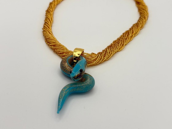 Image 1 of Murano Glass Chalcedony Snake Necklace with Gold Leaf – Venetian Handcrafted Sculpture