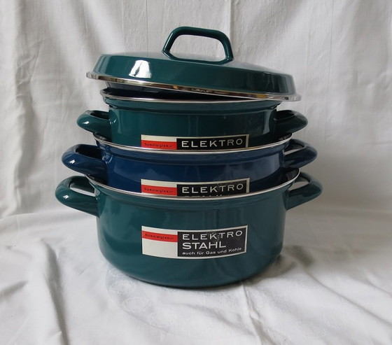 Image 1 of 3 potten geëmailleerd oud origineel retro vintage met deksel elektrisch staal
