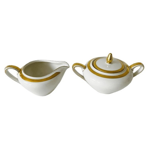 Eschenbach Bayerisches Creme-Porzellan-Set, cremeweiß, Gold, 1940er Jahre