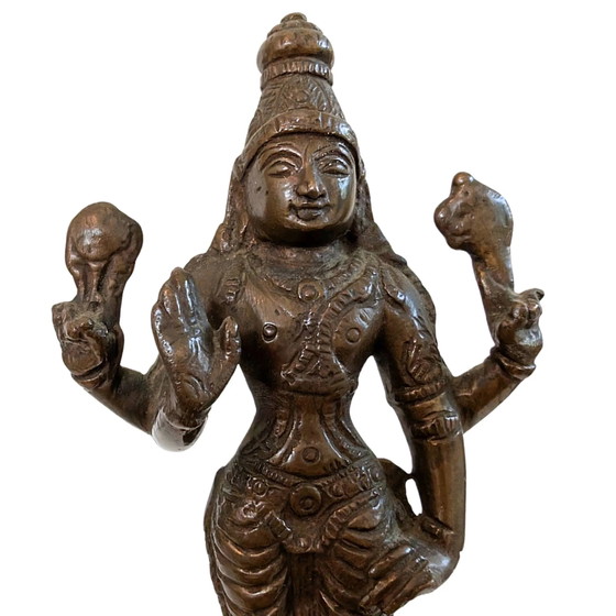 Antique Bronze Vishnu Statue – South India – ca. 1920 – 17 cm – 520 g – Sculpture (photo 9 of 10)