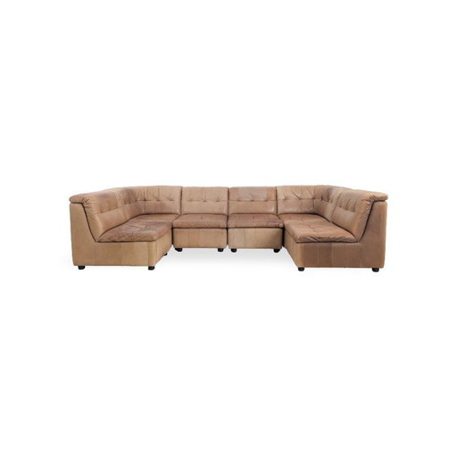 Canapé d'angle modulable original style Mid-Century, en cuir marron