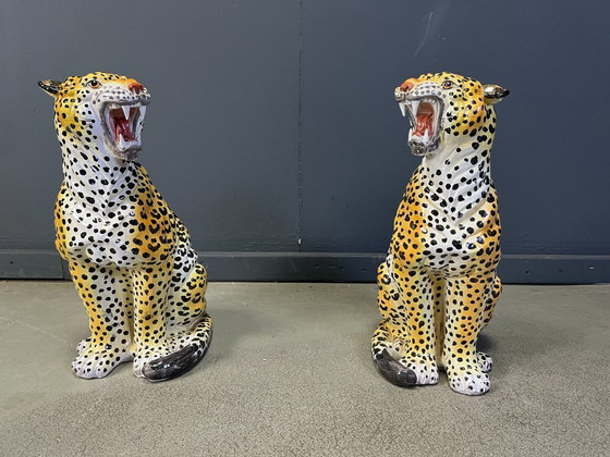 Image 1 of Pair of Italian Glazed Terracotta Leopard Figures, 1960s