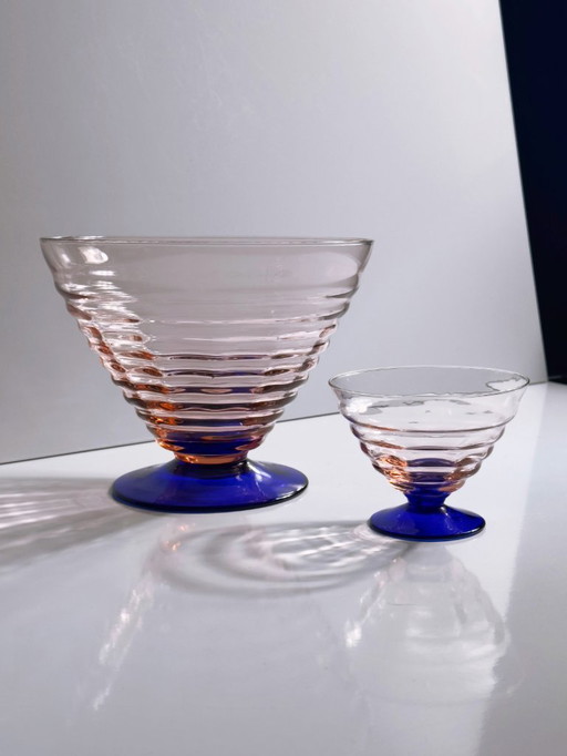 Art Deco Bowl Set Dessert Bowl Italy Empoli 1930s 1940s Cobalt Blue Rosalin Ice Cream Cup Glass Vintage 1980s