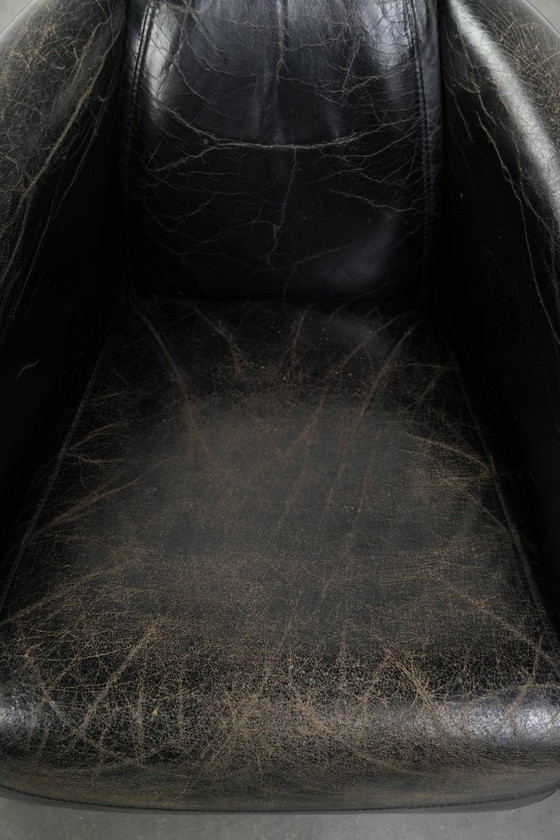 Image 1 of 2x rugged black vintage cowhide Aviator design armchairs with a distinctive look