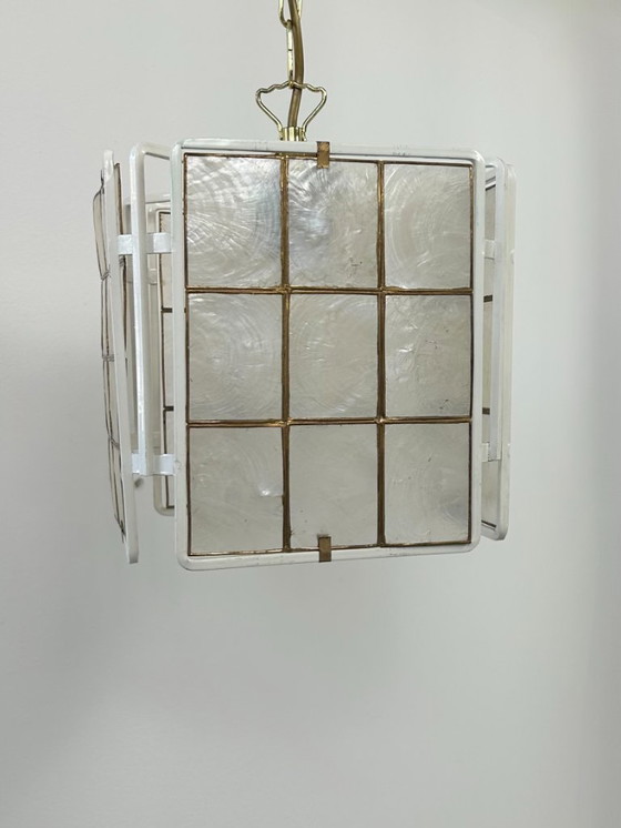 Image 1 of Vintage pendant light, white lacquered metal and mother-of-pearl, France, 1980