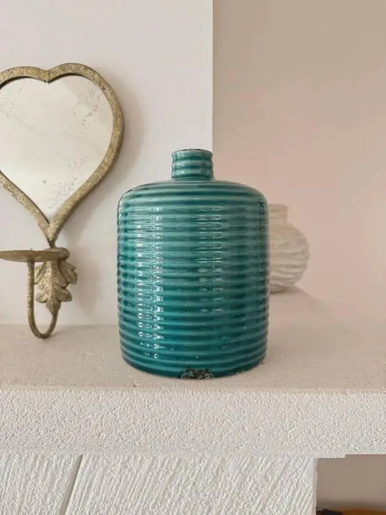 Eendenblauwe geribbelde geglazuurde keramische flesvaas – Mid-Century stijl – Vazen, Porselein, Keramiek (photo 8 of 9)
