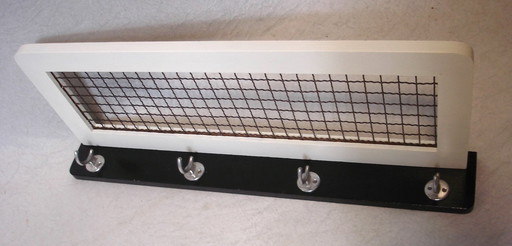 Portemanteau mural vintage avec porte-chapeaux en bois et fil de fer, noir et blanc, années 50