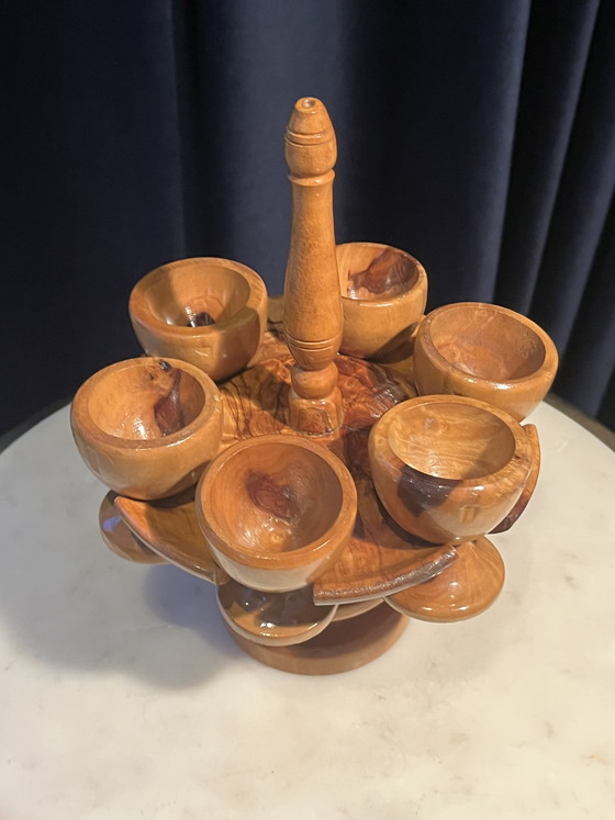 Image 1 of Set di portauova in legno vintage di metà secolo su giostra (7 pezzi)