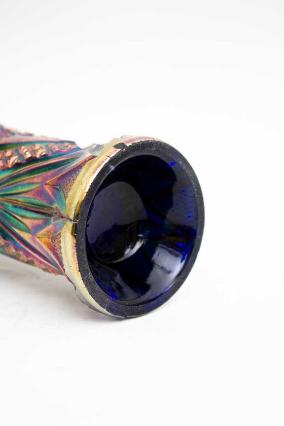 Image 1 of Cylindrical Antique (Circa 1910) Carnival Glass Faceted Vase
