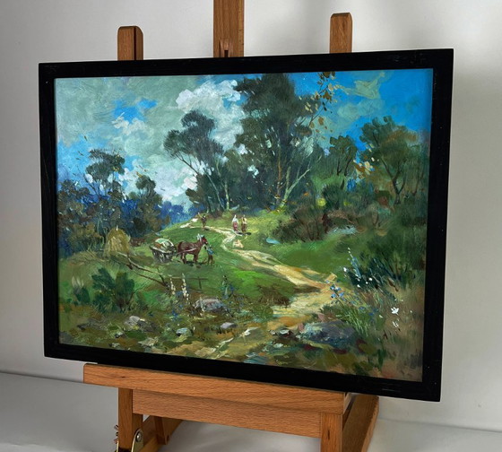 Image 1 of Pintura al óleo original: Paisaje rural, vida en un pueblo, día de verano en el bosque.