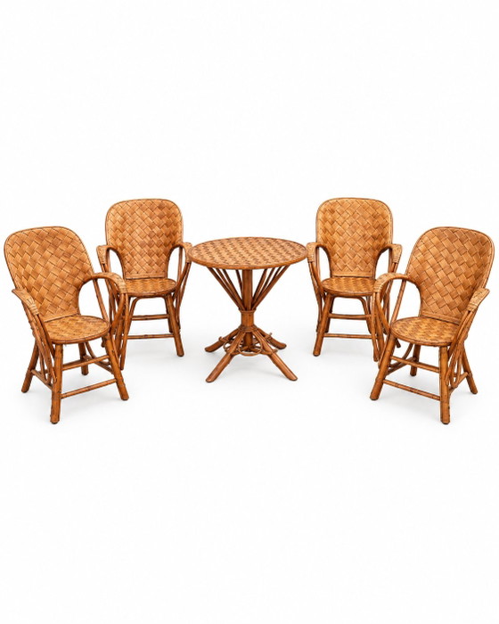 Set da giardino vintage in rattan intrecciato - tavolo rotondo e 4 poltrone – Set da salotto, Bamboo, Wicker (photo 15 of 15)
