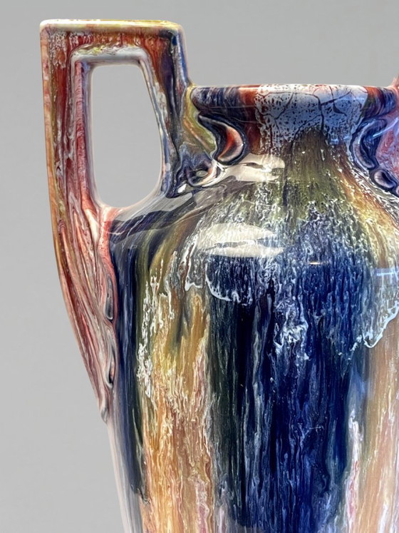 Image 1 of Grote Elgé vaas – Frans kunstkeramiek – Art Deco handgrepen – polychroom geflambeerd glazuur – 32 cm