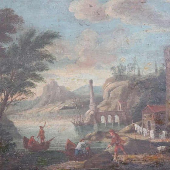 Image 1 of Paysage côtier, peinture à l'huile ancienne sur toile, Italie, XVIIIe siècle
