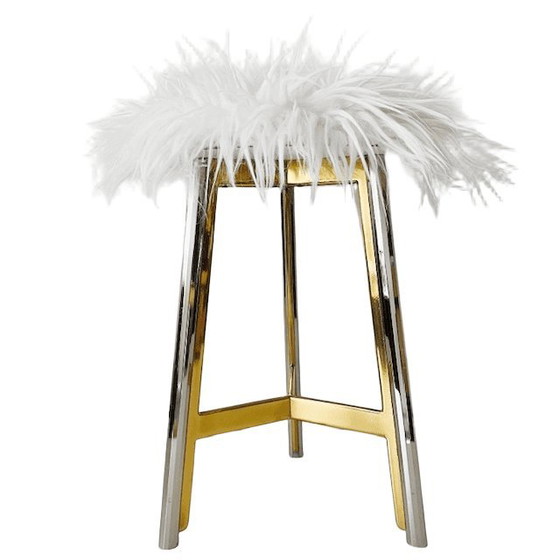 Image 1 of Vintage Italian mid-century Hollywood Regency stool brass chrome fake fur 1950s