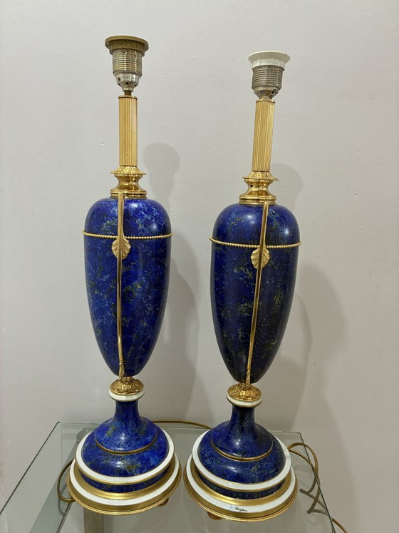 Pair of Giulia Mangani Cobalt Blue Porcelain Table Lamps, 1990s, Brass (photo 7 of 8)