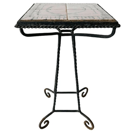 Image 1 of Table d'appoint pour plantes, style Mid-Century, en céramique rose et fer forgé, années 1960