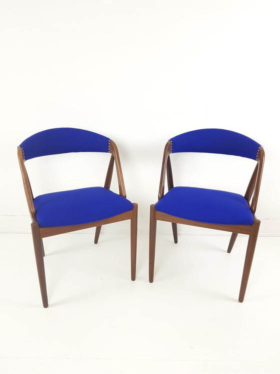 Image 1 of 2 teak stoelen Model 31 Dining Chairs Kai Kristiansen wol De Ploeg nieuw gestoffeerd 