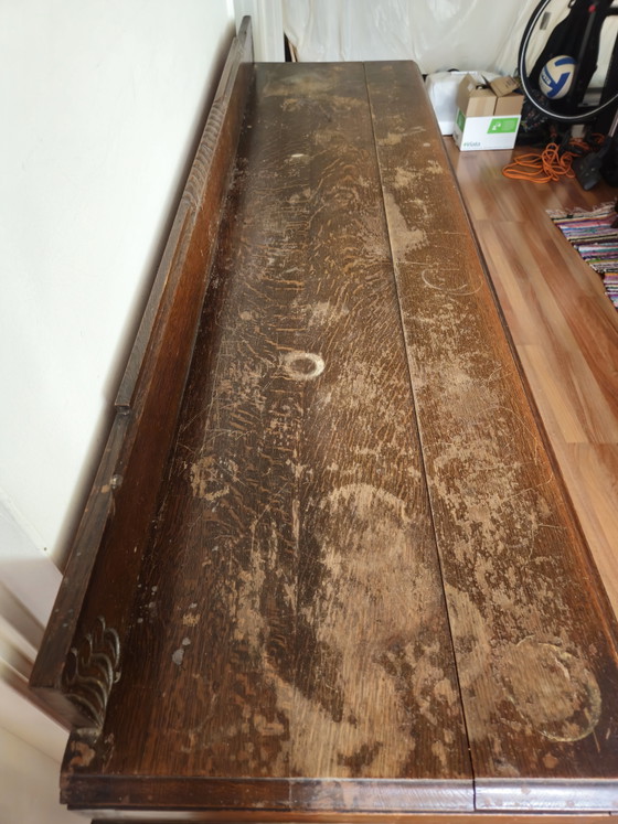 Antique solid oak sideboard, Jacobean Revival, ca. 1925, rich wood carving, Merk onbekend, Other, Brown (photo 8 of 9)