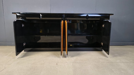 Image 1 of Vintage lacquer and burl wood credenza, 1980s